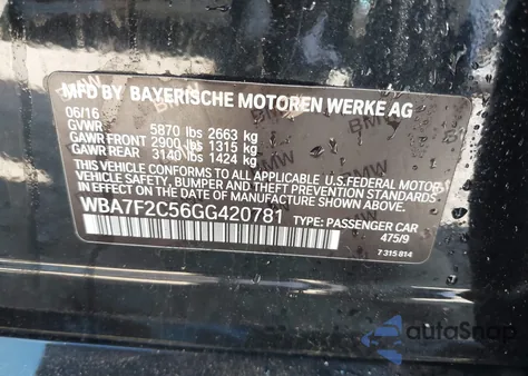 2016 BMW 750I xDrive из США, поврежденный, VIN WBA7F2C56GG420781